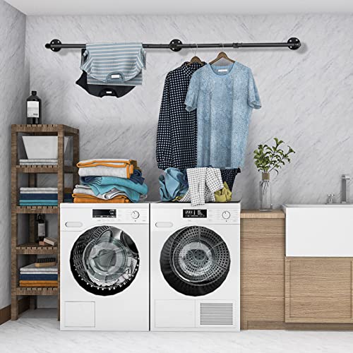 Yawinhe Industrial Pipe Clothes Rack 70'', Wall-Mounted Garment Holder Rack, Iron Heavy Duty Detachable Clothes Bar, Clothes Hanging Detachable Rod Bar for Laundry Room, Black, YMG004