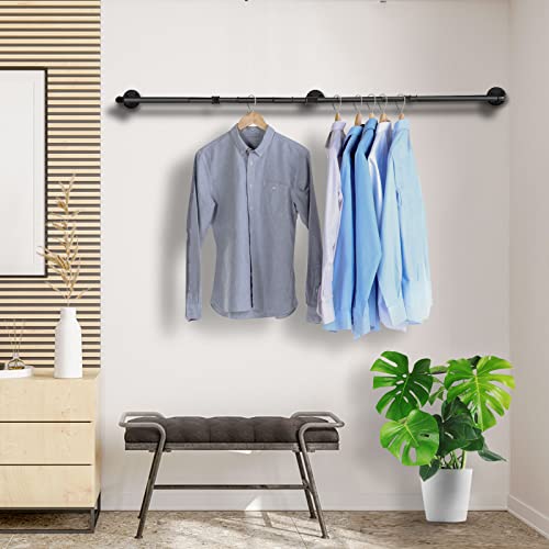 Yawinhe Industrial Pipe Clothes Rack 70'', Wall-Mounted Garment Holder Rack, Iron Heavy Duty Detachable Clothes Bar, Clothes Hanging Detachable Rod Bar for Laundry Room, Black, YMG004