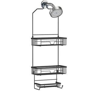 elbourn shower caddy over shower head, bathroom hanging shower organizer with hooks, sus201 stainless steel shower storage rack 3 shelves for shampoo, soap and razor - black