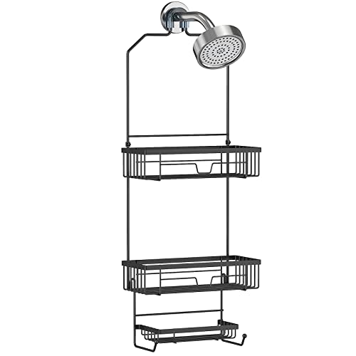 Elbourn Shower Caddy Over Shower Head, Bathroom Hanging Shower Organizer with Hooks, SUS201 Stainless Steel Shower Storage Rack 3 Shelves for Shampoo, Soap and Razor - Black