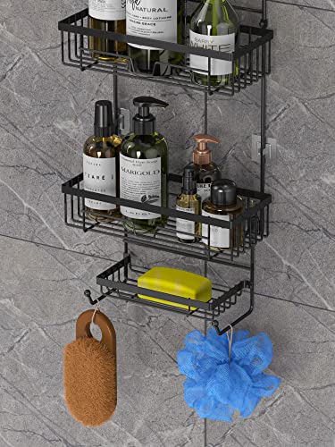 Elbourn Shower Caddy Over Shower Head, Bathroom Hanging Shower Organizer with Hooks, SUS201 Stainless Steel Shower Storage Rack 3 Shelves for Shampoo, Soap and Razor - Black