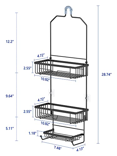 Elbourn Shower Caddy Over Shower Head, Bathroom Hanging Shower Organizer with Hooks, SUS201 Stainless Steel Shower Storage Rack 3 Shelves for Shampoo, Soap and Razor - Black