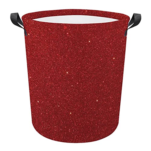 Bling Red Glitter Waterproof Laundry Baskets Collapsible Laundry Hamper with Handles Large Round Toy Bin for Dirty Clothes,Kids Toys,Bedroom,Bathroom