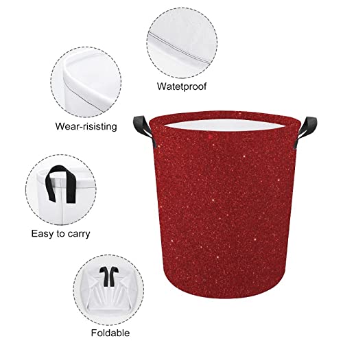 Bling Red Glitter Waterproof Laundry Baskets Collapsible Laundry Hamper with Handles Large Round Toy Bin for Dirty Clothes,Kids Toys,Bedroom,Bathroom