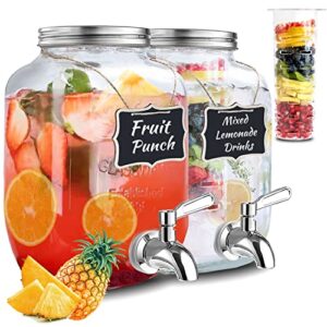 1 gallon glass drink dispensers for parties with fruit infuser,marker,chalkboard,2 pack beverage dispensers with spigot stainless steel,mason jar drink dispensers with lids,laundry detergent dispenser