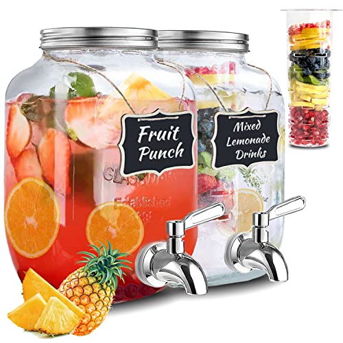 1 Gallon Glass Drink Dispensers for Parties With Fruit Infuser,Marker,Chalkboard,2 Pack Beverage Dispensers With Spigot Stainless Steel,Mason Jar Drink Dispensers With Lids,Laundry Detergent Dispenser