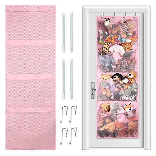 UUGLAM Stuffed Animal Storage Holder with 4 Large Pockets，Over The Door Hanging Organizer Storage, Idea for Closet, Plush Toy,Nursery, Bedroom, Bathroom, Kids Room (Pink)