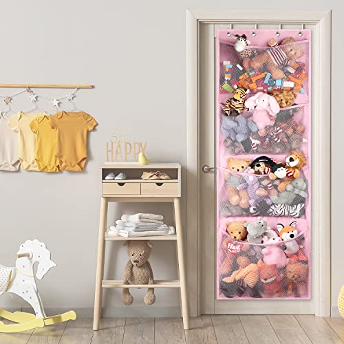 UUGLAM Stuffed Animal Storage Holder with 4 Large Pockets，Over The Door Hanging Organizer Storage, Idea for Closet, Plush Toy,Nursery, Bedroom, Bathroom, Kids Room (Pink)
