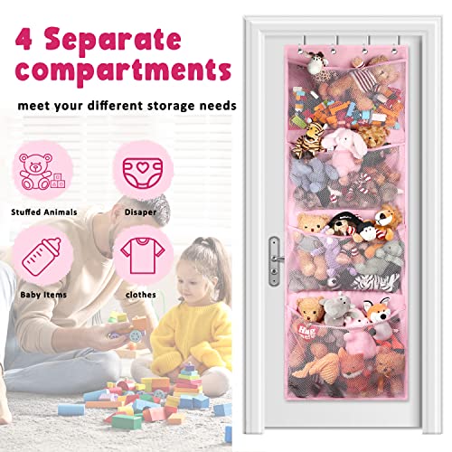 UUGLAM Stuffed Animal Storage Holder with 4 Large Pockets，Over The Door Hanging Organizer Storage, Idea for Closet, Plush Toy,Nursery, Bedroom, Bathroom, Kids Room (Pink)