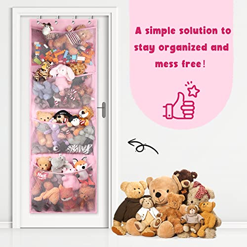 UUGLAM Stuffed Animal Storage Holder with 4 Large Pockets，Over The Door Hanging Organizer Storage, Idea for Closet, Plush Toy,Nursery, Bedroom, Bathroom, Kids Room (Pink)