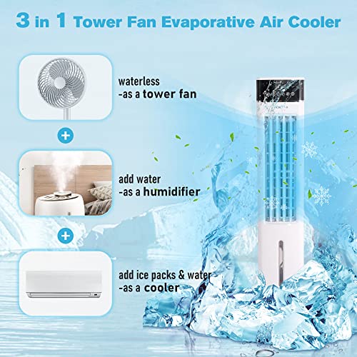 E-Macht Evaporative Air Cooler with Fan & Humidifier, 3-in-1 Portable Air Conditioners, 3 Speeds & 3 Modes, 80° Oscillation Swamp Cooler for Bedroom with Remote Control, 3L Water Tank, 2 Ice Packs