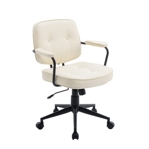 HEAH-YO PU Leather Home Office Desk Chair, Height-Adjustable Computer Desk Chair with Wheels and Arms, Swivel Task Chair with Back Support for Home Office, White