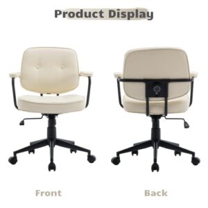 HEAH-YO PU Leather Home Office Desk Chair, Height-Adjustable Computer Desk Chair with Wheels and Arms, Swivel Task Chair with Back Support for Home Office, White