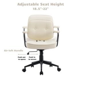 HEAH-YO PU Leather Home Office Desk Chair, Height-Adjustable Computer Desk Chair with Wheels and Arms, Swivel Task Chair with Back Support for Home Office, White