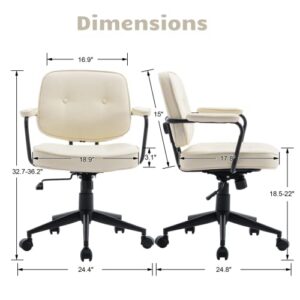 HEAH-YO PU Leather Home Office Desk Chair, Height-Adjustable Computer Desk Chair with Wheels and Arms, Swivel Task Chair with Back Support for Home Office, White