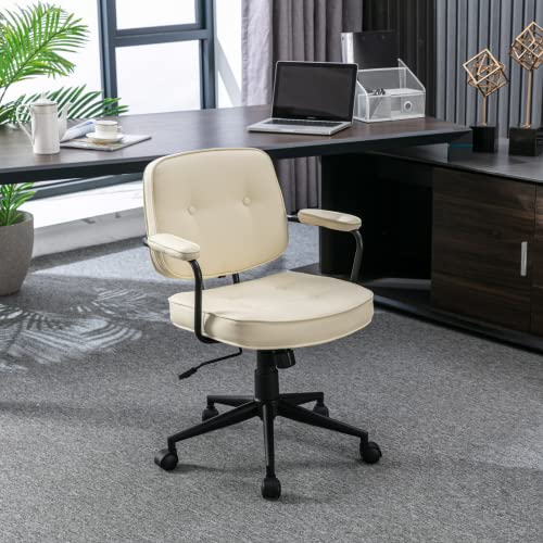 HEAH-YO PU Leather Home Office Desk Chair, Height-Adjustable Computer Desk Chair with Wheels and Arms, Swivel Task Chair with Back Support for Home Office, White