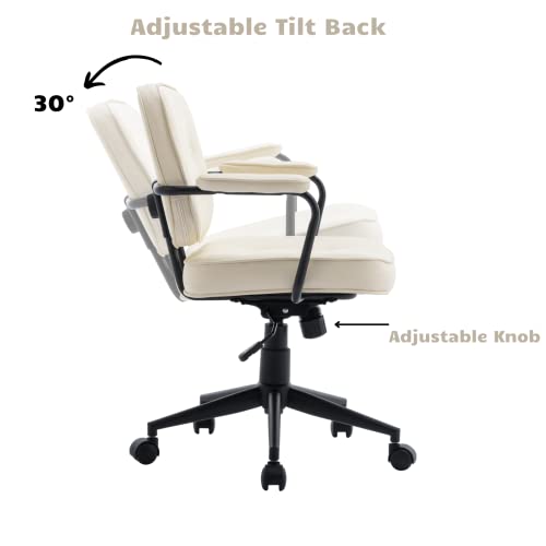 HEAH-YO PU Leather Home Office Desk Chair, Height-Adjustable Computer Desk Chair with Wheels and Arms, Swivel Task Chair with Back Support for Home Office, White