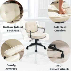 HEAH-YO PU Leather Home Office Desk Chair, Height-Adjustable Computer Desk Chair with Wheels and Arms, Swivel Task Chair with Back Support for Home Office, White