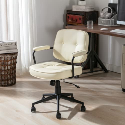 HEAH-YO PU Leather Home Office Desk Chair, Height-Adjustable Computer Desk Chair with Wheels and Arms, Swivel Task Chair with Back Support for Home Office, White