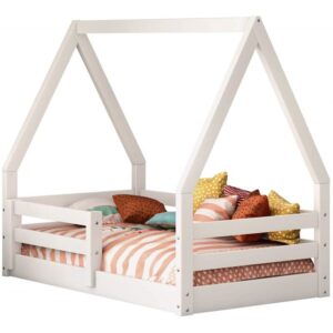 eden home modern solid wood toddler floor bed frame with house roof canopy rails in white