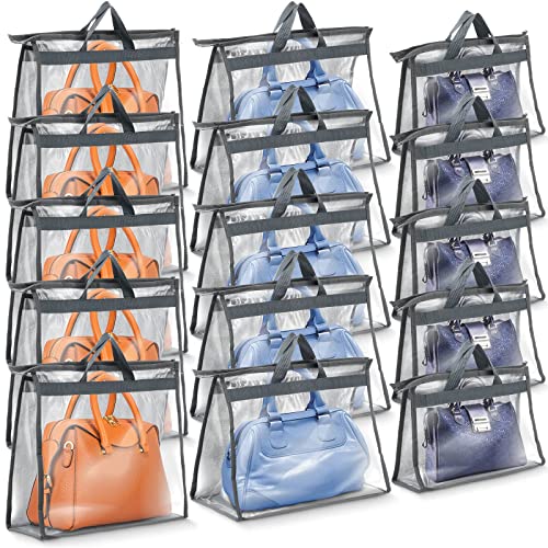 15 Pieces Dust Cover Organizer Bags for Handbags, 3 Sizes Clear Handbag Storage Bag Purse Storage with Zipper and Handles Dust Bags for Purses Handbags Closet, 5 Each Size (Gray)