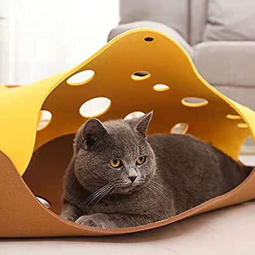 Cat Tunnels Bed, Foldable Pet Tunnel Tube Bed with Holes, DIY Cats Play Mat Cat Activity Rug Toy for Interactive/Exercise Felt Cloth Random Combinations and Infinite Extension (Grey Yellow)