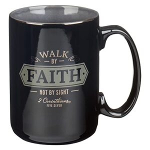 christian art gifts large ceramic bible verse coffee & tea mug for men: walk by faith - 2 corinthians 5:7 inspirational scripture, non-toxic & lead-free novelty drinkware, black/gray w/silver, 14 oz.