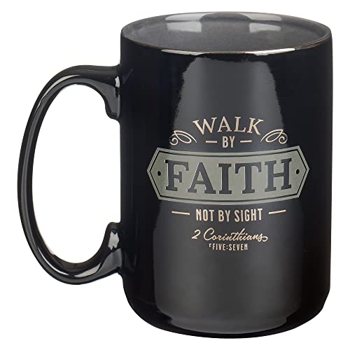 Christian Art Gifts Large Ceramic Bible Verse Coffee & Tea Mug for Men: Walk by Faith - 2 Corinthians 5:7 Inspirational Scripture, Non-toxic & Lead-free Novelty Drinkware, Black/Gray w/Silver, 14 oz.