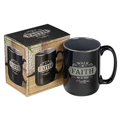 Christian Art Gifts Large Ceramic Bible Verse Coffee & Tea Mug for Men: Walk by Faith - 2 Corinthians 5:7 Inspirational Scripture, Non-toxic & Lead-free Novelty Drinkware, Black/Gray w/Silver, 14 oz.