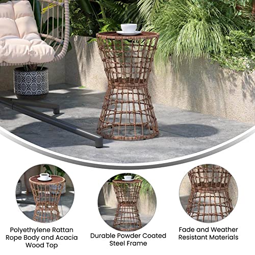 Flash Furniture Devon Indoor/Outdoor Rattan Rope Table - Natural Finish Polyethylene Rattan - Black Finished Engineered Wood Top - Fade and Weather Resistant