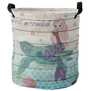 wpyyi turtle mermaid marine wood plank texture dirty laundry basket foldable home organizer basket clothing kids toy storage basket (color : a, size : small)