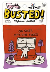 blue q busted! oh shit, it's the fuzz! catnip cat toy. premium organic catnip grown in the usa, 100% cotton pouches, kitty graphics sure to delight every cat-keeper.