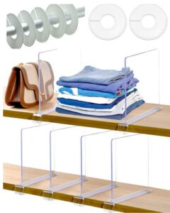 pj vital clear acrylic shelf dividers for closet organization multi-functional plastic divider wood shelves, purse organizer cabinet 6 pack in kitchen, bedroom, bathroom and office.
