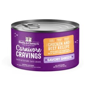 stella & chewy’s carnivore cravings savory shreds cans – grain free, protein rich wet cat food – cage-free chicken & grass-fed beef recipe – (5.2 ounce cans, case of 24)