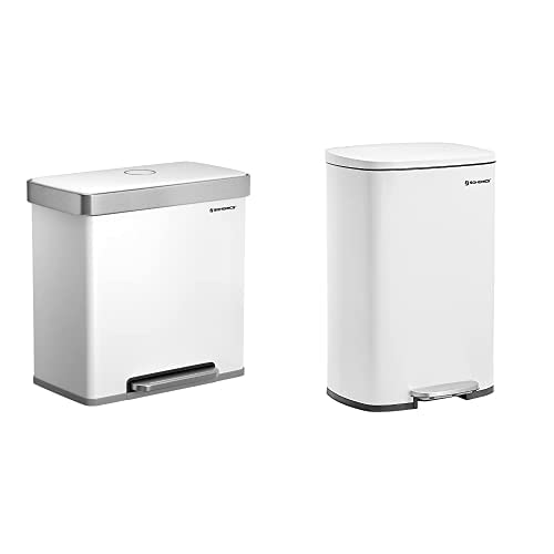 SONGMICS 2 x 8 Gal. Dual Compartment Kitchen Trash Can, 15 Trash Bags Included & 13.2 Gal (50L) Kitchen Trash Garbage Can with Plastic Inner Bucket, Hinged Lid, White ULTB202W01 & ULTB050W01