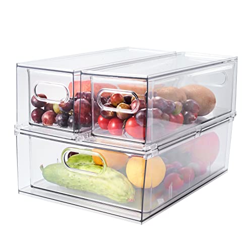 xhongz 3 Pack Stackable Refrigerator Organizer Bins with Pull-out Drawer, Clear Fridge Drawer Organizer with Handle, Large Drawable Storage Cases for Pantry Organization, Kitchen, Cabinet, Freezer