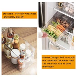 xhongz 3 Pack Stackable Refrigerator Organizer Bins with Pull-out Drawer, Clear Fridge Drawer Organizer with Handle, Large Drawable Storage Cases for Pantry Organization, Kitchen, Cabinet, Freezer