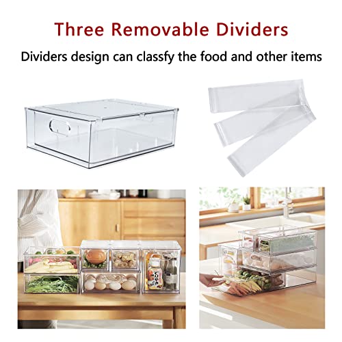 xhongz 3 Pack Stackable Refrigerator Organizer Bins with Pull-out Drawer, Clear Fridge Drawer Organizer with Handle, Large Drawable Storage Cases for Pantry Organization, Kitchen, Cabinet, Freezer