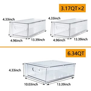 xhongz 3 Pack Stackable Refrigerator Organizer Bins with Pull-out Drawer, Clear Fridge Drawer Organizer with Handle, Large Drawable Storage Cases for Pantry Organization, Kitchen, Cabinet, Freezer