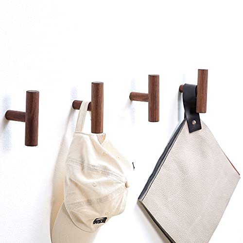 LONANGG Natural Wooden Coat Hooks Wall Hooks - Pack of 4 - Handmade Decorative Wood Coat Pegs - Wall Mounted Modern Hook -Minimalist Hooks for Hanging Hat, Scarf Hooks (Black Walnut Hook)