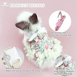 Rabbit Harness Leash Set - Breathable Cotton Dress for Walking Escape Proof Soft Harness Leash with Adjustable Buckle for Small Animal Bunny Cat Puppy Kitten Ferrets Costumes (Small,Floral)