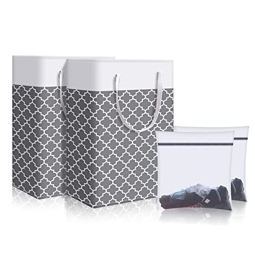 Large Laundry Basket 2 Pack And Double Mesh Laundry Bag Tall Dirty Clothes Hampers For Laundry Collapsible With Handles Thin Fabric Laundry Bin Set For Dorm Bedroom Organizer Storage