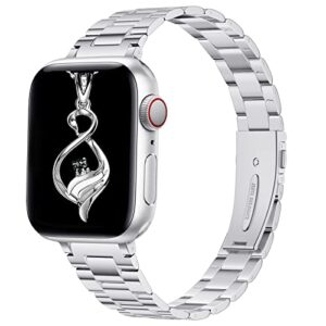 punytoncy band compatible with apple watch band 38mm 40mm 41mm, slim stainless steel metal silver replacement strap for iwatch series 8 7 6 5 4 3 2 1 se for women (silver, 38mm 40mm 41mm)