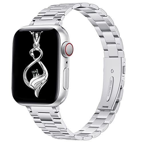 PUNYTONCY band Compatible with Apple Watch Band 38mm 40mm 41mm, Slim Stainless Steel Metal Silver Replacement Strap for iWatch Series 8 7 6 5 4 3 2 1 SE for Women (Silver, 38mm 40mm 41mm)