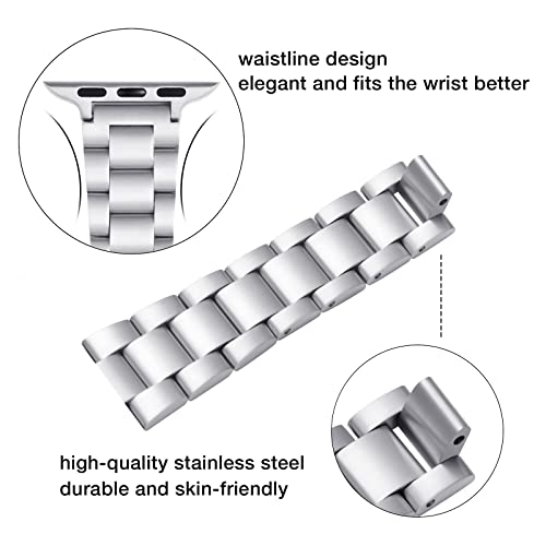 PUNYTONCY band Compatible with Apple Watch Band 38mm 40mm 41mm, Slim Stainless Steel Metal Silver Replacement Strap for iWatch Series 8 7 6 5 4 3 2 1 SE for Women (Silver, 38mm 40mm 41mm)