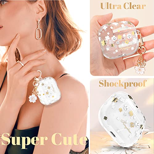 KINGXBAR for AirPods 3rd Generation Case for Women Clear Bling Cute Floral iPods 3rd Protective Cover for Apple AirPods 3 Charging Case with Keychain Accessories Flowers