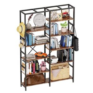 monesti bookshelf, 5 tier bookcase with 6 hooks, book shelf for bedroom, living room, kitchen, study and home office(rustic brown).