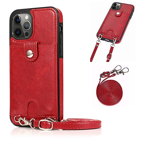 Jaorty PU Leather Wallet Case for iPhone 13 Pro Max Removable Adjustable Crossbody Necklace Lanyard Shoulder Strap Case Cover with Card Holder,Detachable Anti-Lost Neck Strap Case 6.7",Red