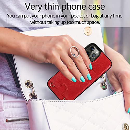 Jaorty PU Leather Wallet Case for iPhone 13 Pro Max Removable Adjustable Crossbody Necklace Lanyard Shoulder Strap Case Cover with Card Holder,Detachable Anti-Lost Neck Strap Case 6.7",Red