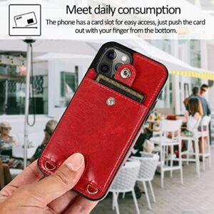 Jaorty PU Leather Wallet Case for iPhone 13 Pro Max Removable Adjustable Crossbody Necklace Lanyard Shoulder Strap Case Cover with Card Holder,Detachable Anti-Lost Neck Strap Case 6.7",Red